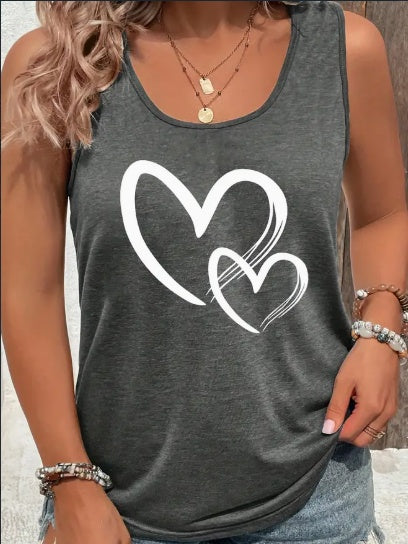 Buy Hearts Print Crew Neck Tank Top, Casual Sleeveless Tank Top For Summer, Women's Clothing online at DLC Market