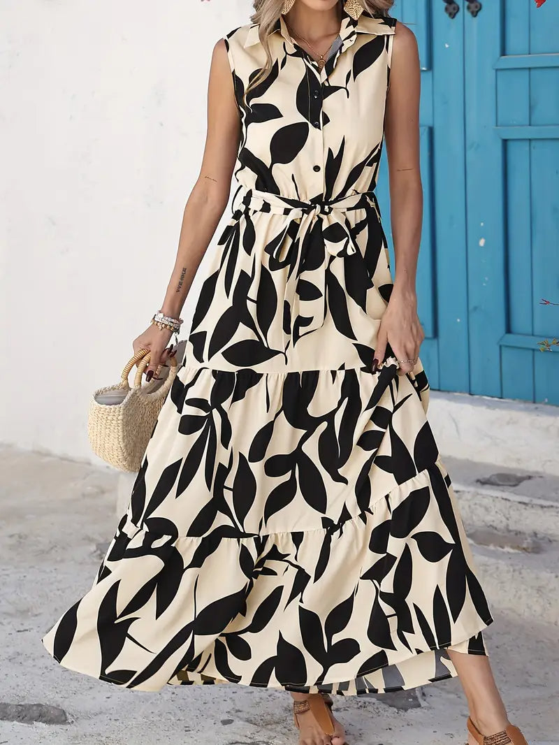 Buy Elegant Sleeveless Printed Shirt Dress Ruffled Hem online at DLC Market