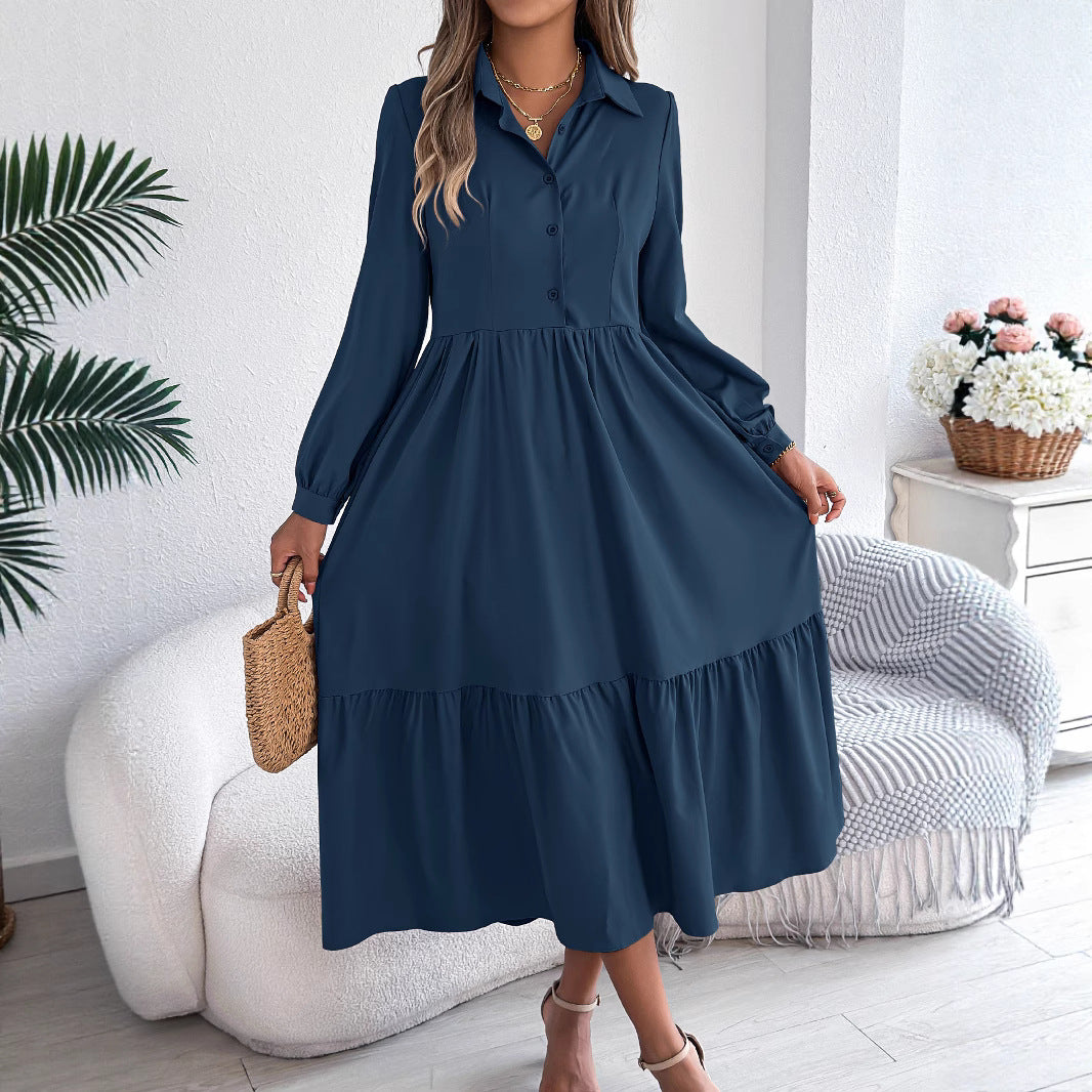 Buy Women's Lapel Casual Loose Long Sleeve Ruffled Shirt Dresses Long Sleeved Turn-down Collar Single-Breasted Dress Spring Autumn Fashion Women's Clothing For Vacation online at DLC Market