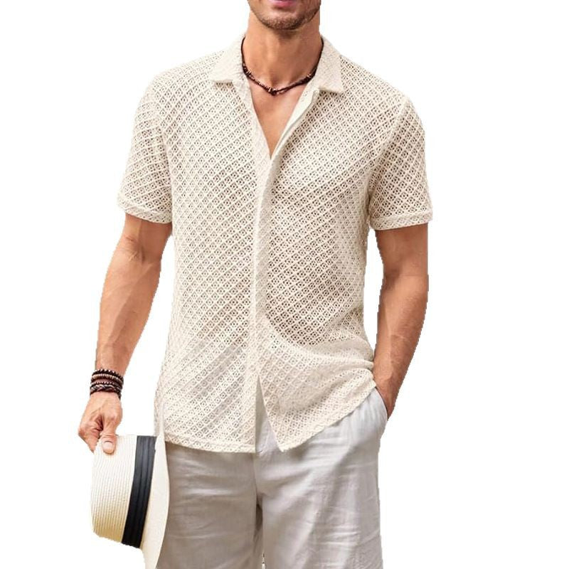 Summer Mesh Short Sleeve Shirt Fashion Solid Color Lapel Shirt Tops Beach Men Clothing by null