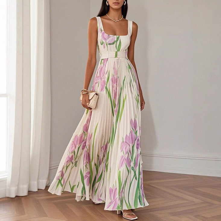 Floral Print Pleated Dress Summer A-Line Sleeveless Midi Dresses Women's Clothing by null