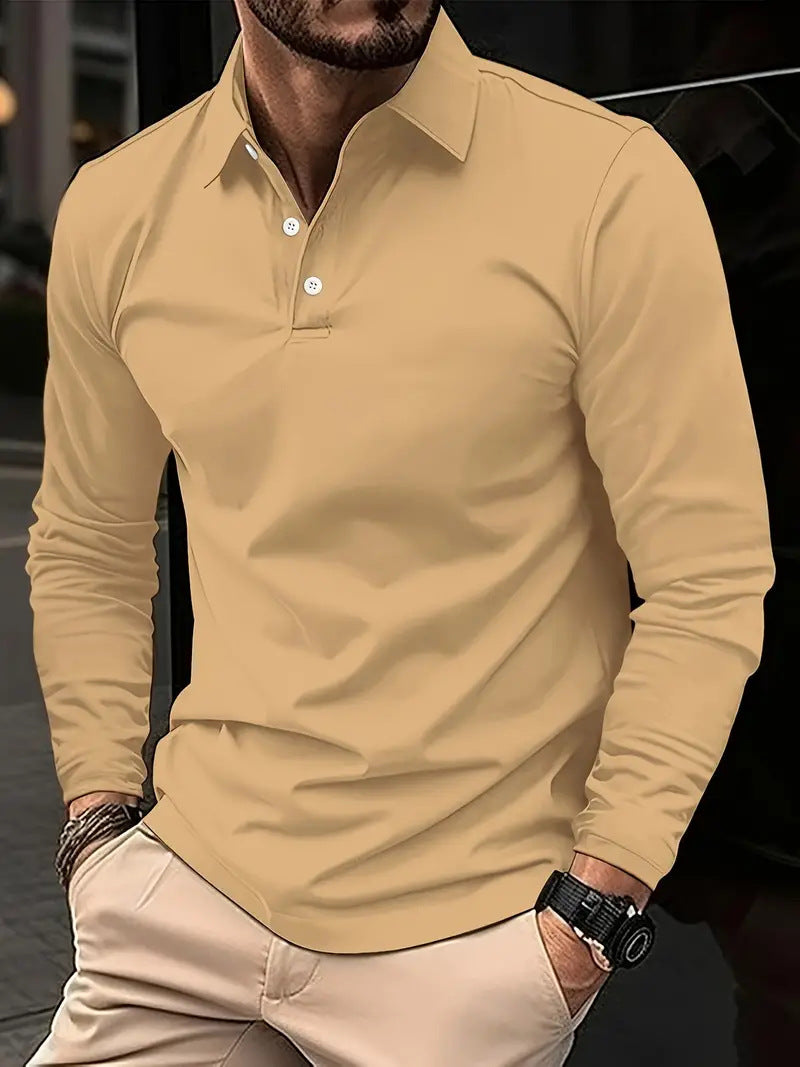 Buckle European And American Men's Daily Casual Polo Collar Long Sleeve Polo Wear by null