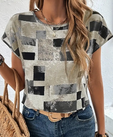 Buy Women's Chic Geometric Aztec Print T-Shirt - Casual Crew Neck, Durable Non-Stretch Fabric, Ideal For Summer Wear online at DLC Market