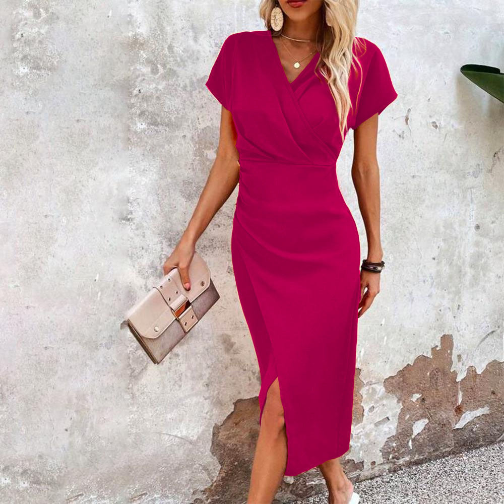 Slim-fit Short-sleeved Dress Fashion Sexy Split V-neck Dress Summer Women's Clothing by null