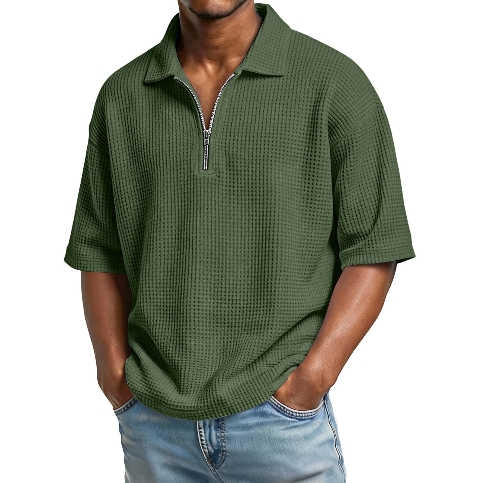 Men's Waffle-Weave Short-Sleeved Shirts Summer Solid Color Lapel Polo Shirt T-Shirt Beach Style Tops by null