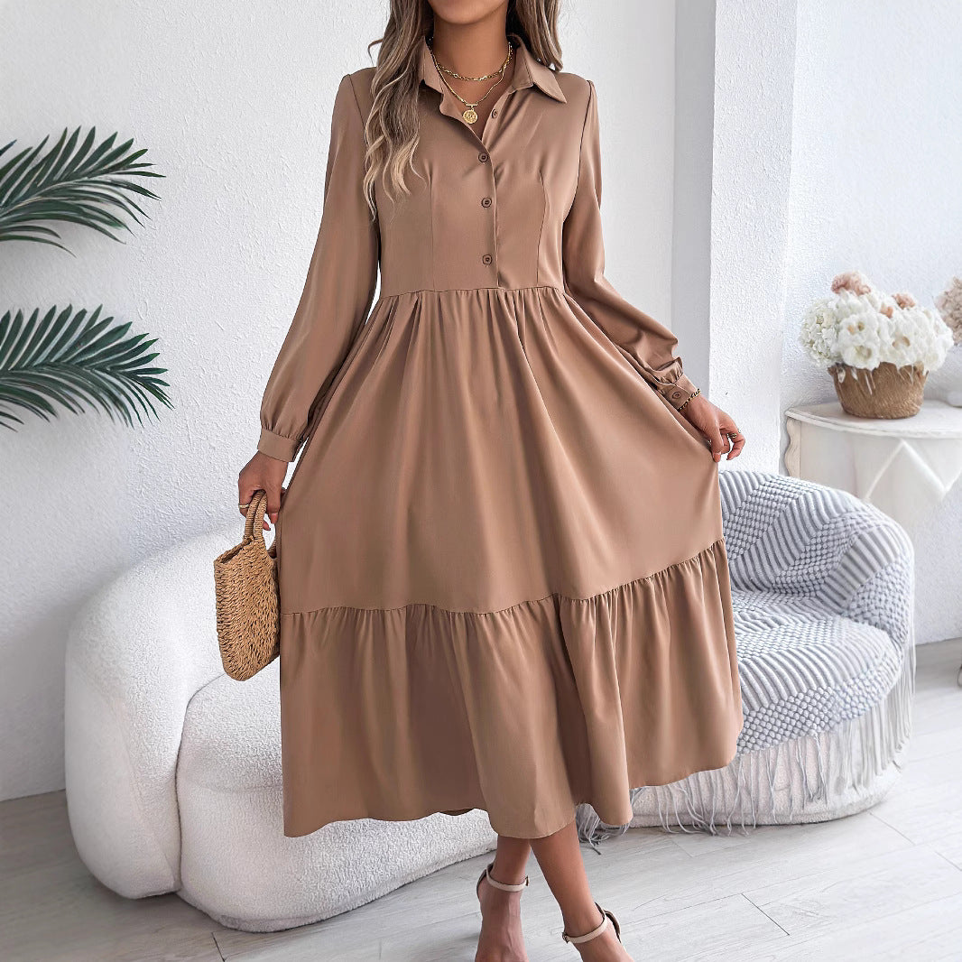 Buy Women's Lapel Casual Loose Long Sleeve Ruffled Shirt Dresses Long Sleeved Turn-down Collar Single-Breasted Dress Spring Autumn Fashion Women's Clothing For Vacation online at DLC Market