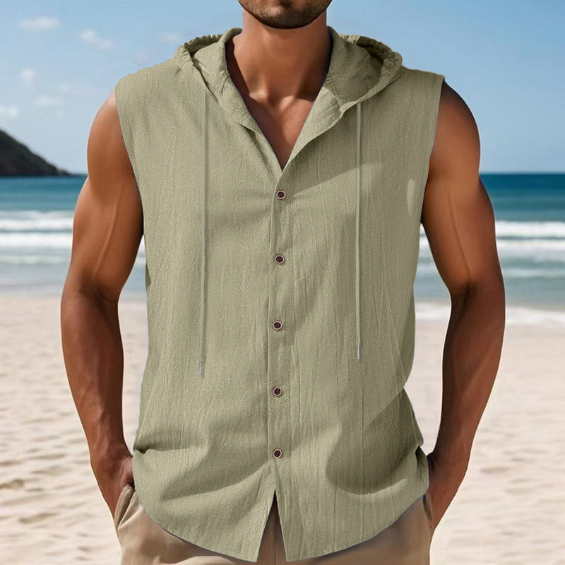 Mens Sleeveless Linen Hooded Shirt by null