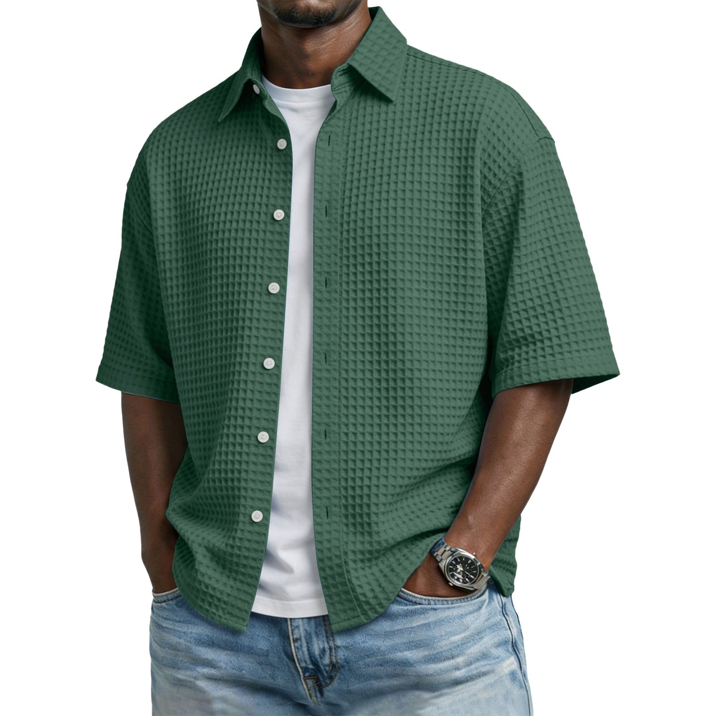 Men's Solid-Colored Waffle-Weave T-Shirt With Lapel Collar by null