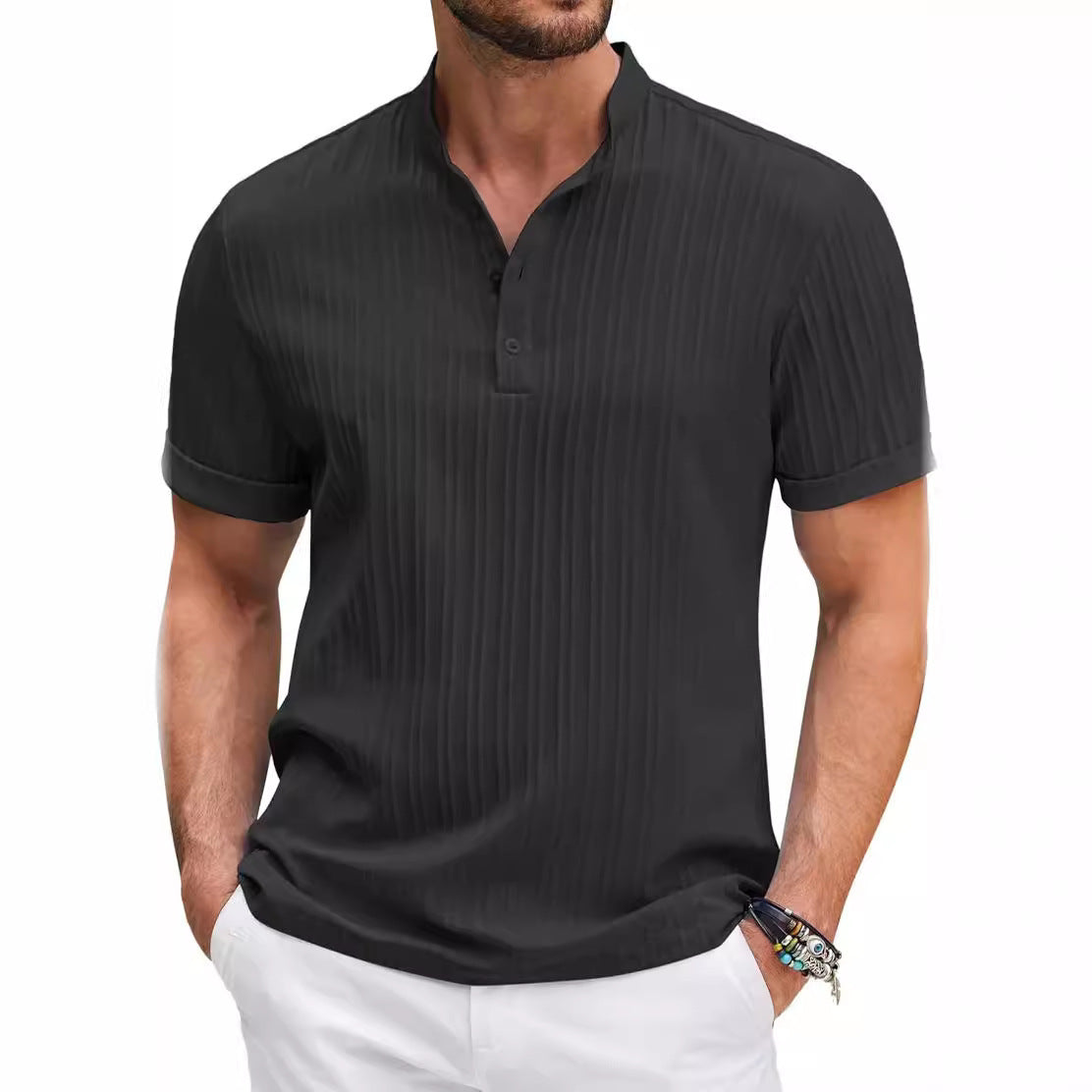 Summer Stand Collar Buttons Short Sleeve T-shirt Solid Color Stripe POLO Shirt Fashion Casual Beach Clothing For Men by null