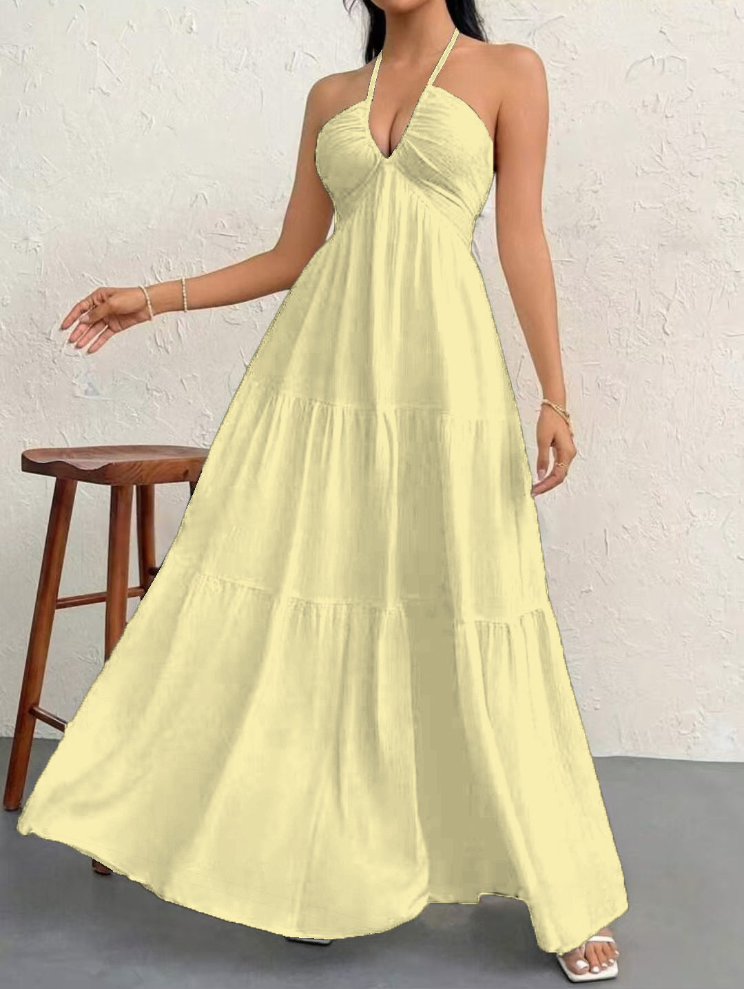Backless Halterneck V-Neck Pleated A- Line Dress Women's Clothing One-Piece Dress Ankle-length Skirt For Beach Vacation Outfits by null