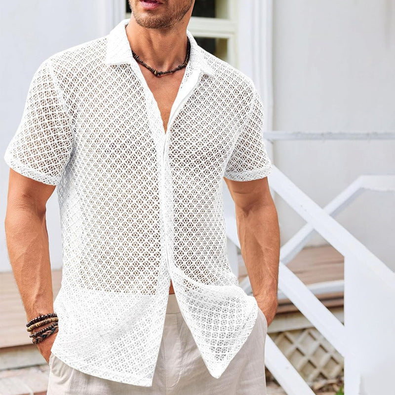 Summer Mesh Short Sleeve Shirt Fashion Solid Color Lapel Shirt Tops Beach Men Clothing by null