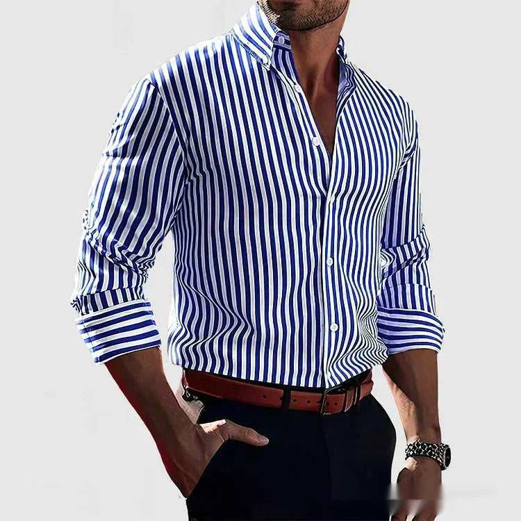 Ins Stripe Printed Long Sleeve Shirt Men Fashion Casual Lapel Button Top Clothing by null