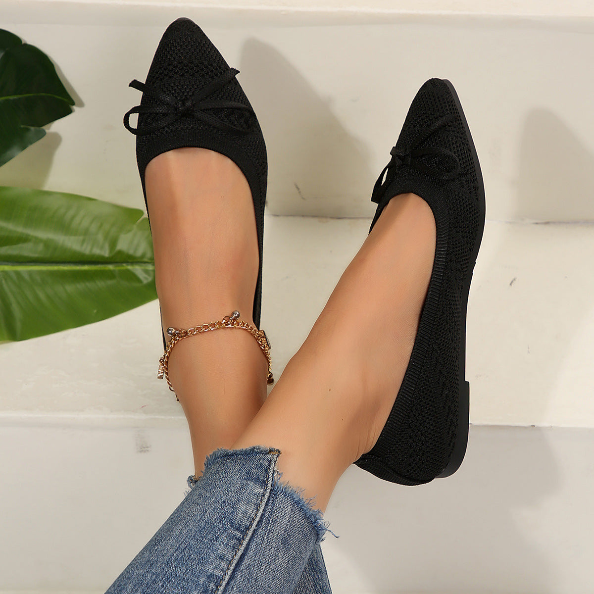 Buy Bow Knitted Loafers Ins Fashion Pointed-toed Flats Shoes For Women online at DLC Market