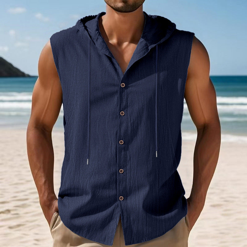 Mens Sleeveless Linen Hooded Shirt by null
