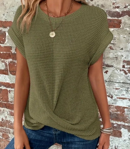 Buy Short-sleeved Waffle T-shirt Summer New Solid Color Crew Neck Top For Womens Clothing online at DLC Market