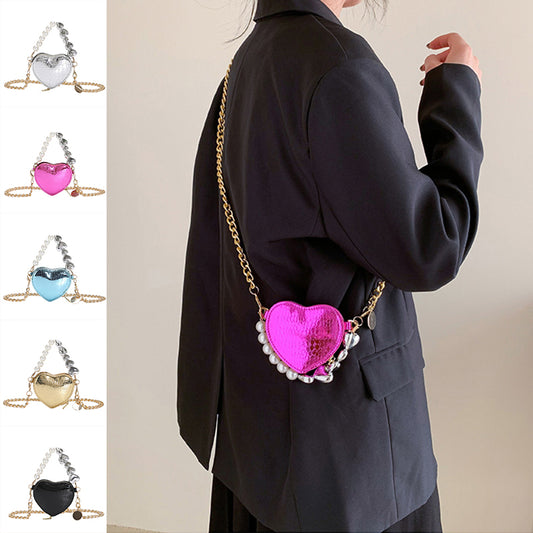 Buy Mini Love-shape Pearls Handbag Fashion Cute Chain Lipstick Bag Women's Bright Candy Color Shoulder Messenger Bag online at DLC Market