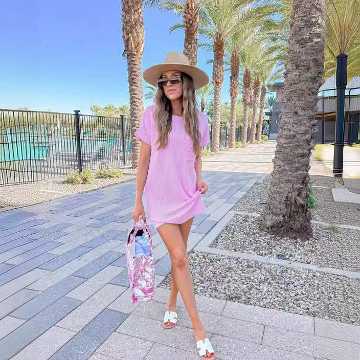 Buy Striped Short Sleeve Pocket Dress Women online at DLC Market