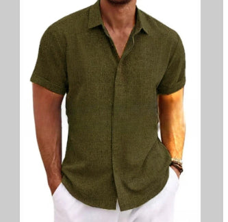 Men's Solid Color Loose Linen Short-sleeved T-shirt by null