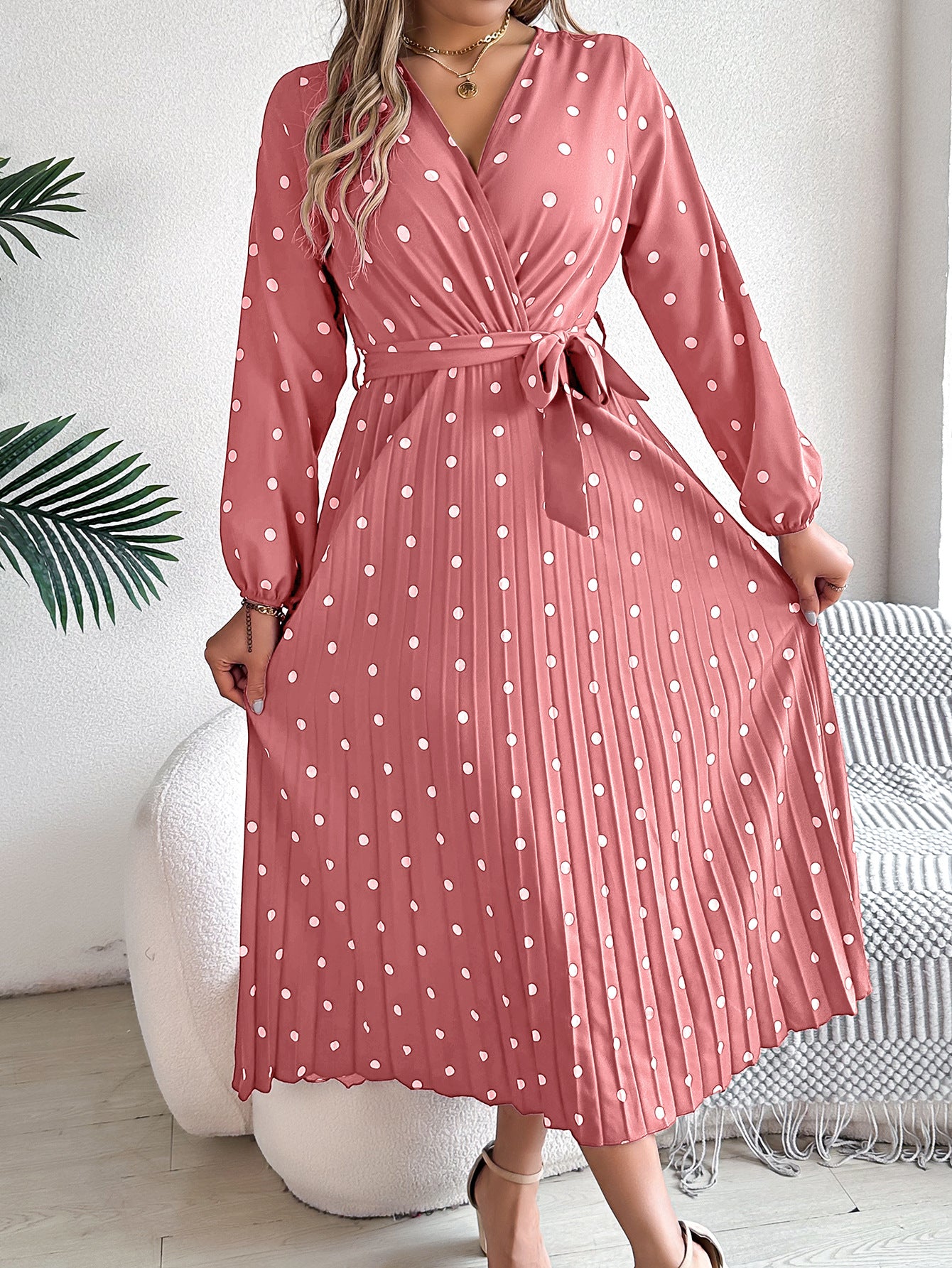 Buy Spring Summer Elegant Long Dress Cross V-Neck Contrast Polka Dot Long Sleeve Pleated Bridesmaid Dresses online at DLC Market