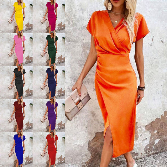 Slim-fit Short-sleeved Dress Fashion Sexy Split V-neck Dress Summer Women's Clothing by null