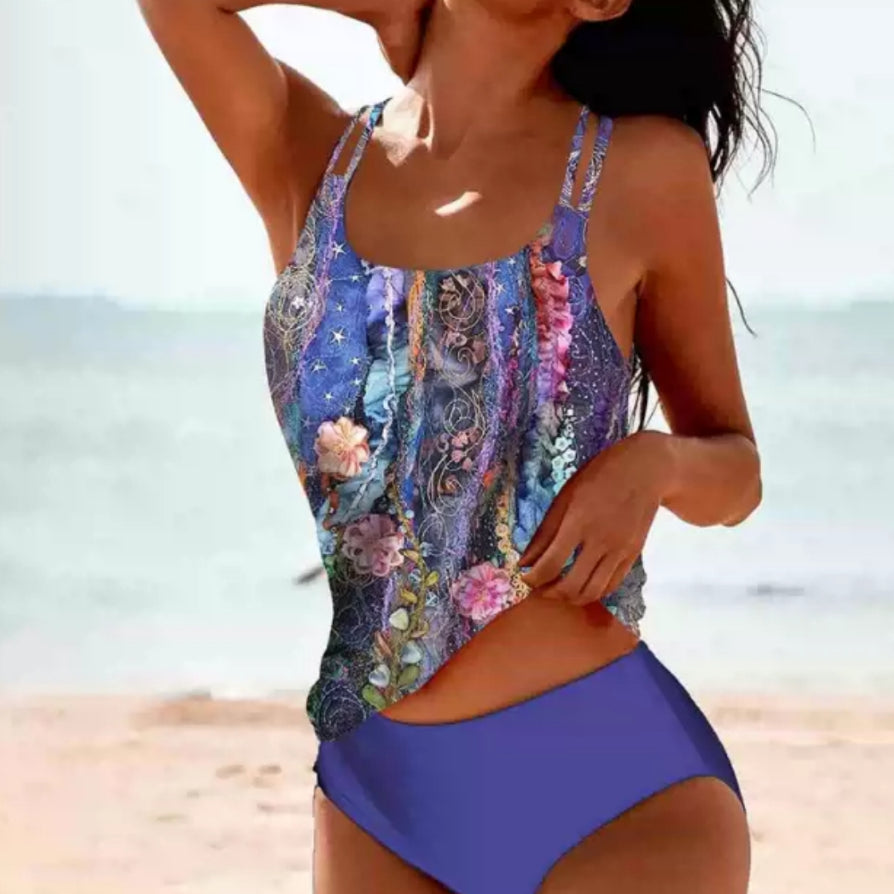 Vintage Printed Split High Waist Conservative Swimwear by null