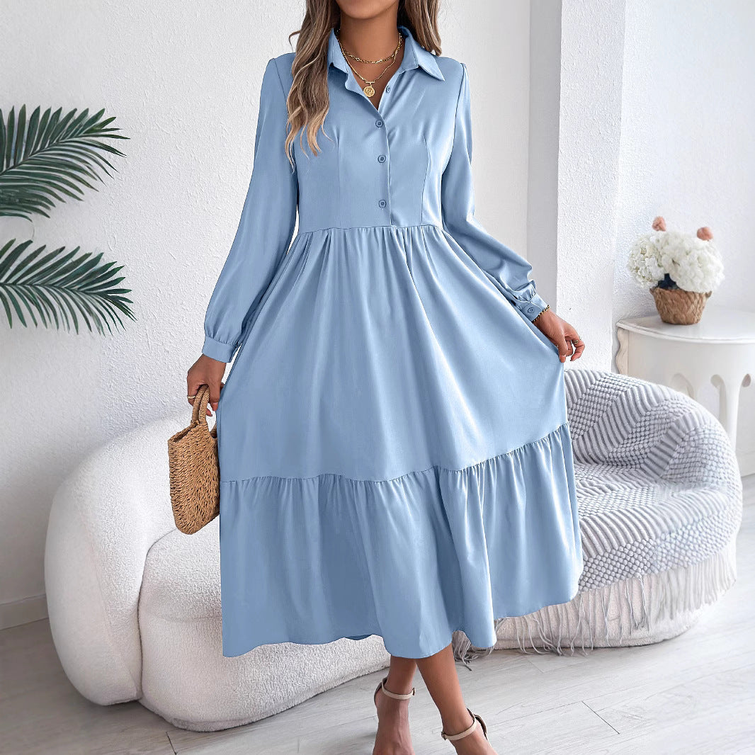 Buy Women's Lapel Casual Loose Long Sleeve Ruffled Shirt Dresses Long Sleeved Turn-down Collar Single-Breasted Dress Spring Autumn Fashion Women's Clothing For Vacation online at DLC Market