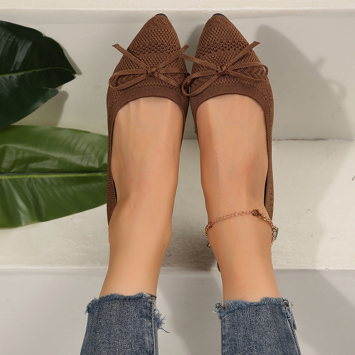 Buy Bow Knitted Loafers Ins Fashion Pointed-toed Flats Shoes For Women online at DLC Market