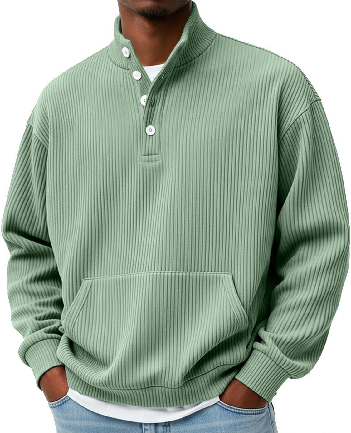 Mens Solid-Color Turtleneck Casual Long-Sleeve Polo Sweatshirt With Pockets For Men Spring Autumn Clothing Loose Button Polo Collar Tees Tops Man Outwear by null