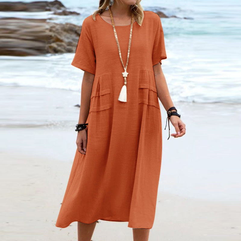 Buy Women's Summer Loose Casual Midi Dress Breathable Cotton Linen Short-sleeve Mid-length Dresses Women Simple Beach Dress online at DLC Market