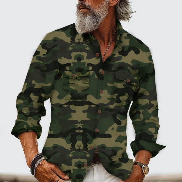 Men's Clothing Print Lapel Long Sleeve Loose Shirt by null