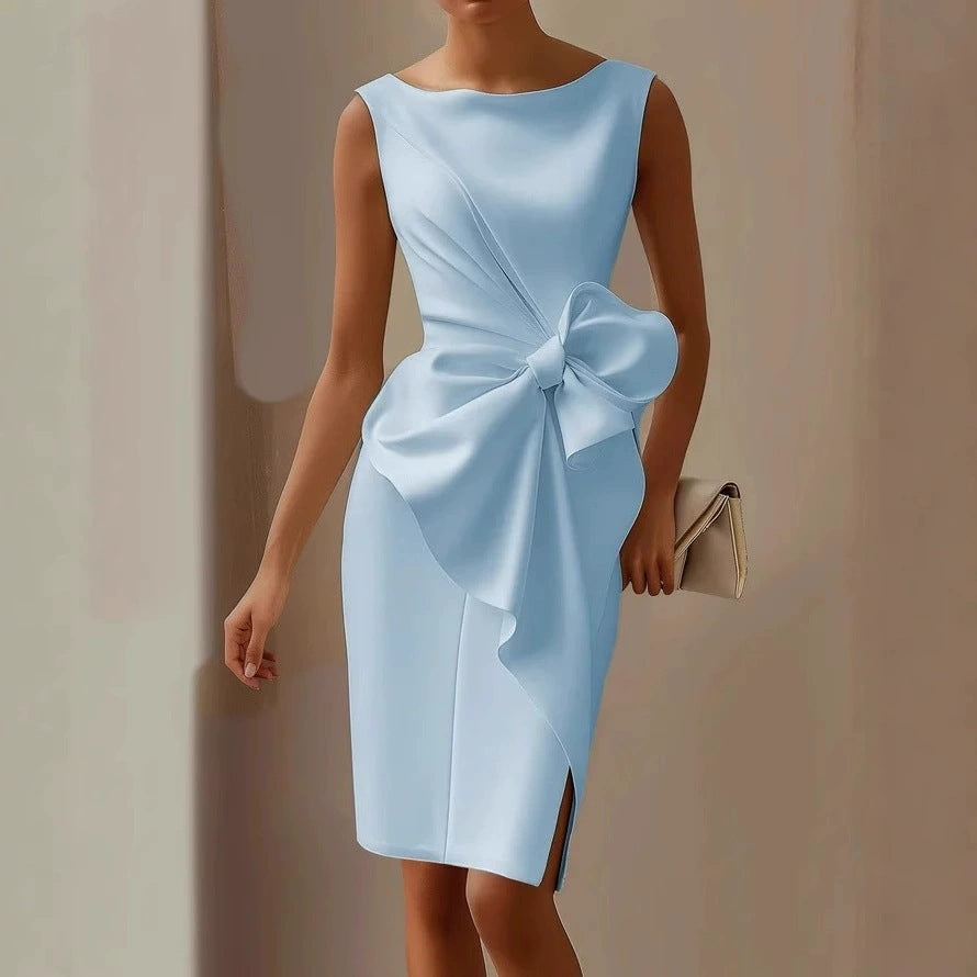 Fashion Bowknot Dress Solid Color Elegant Slim Sleeveless Dresses Women's Casual Office Party Clothing by null