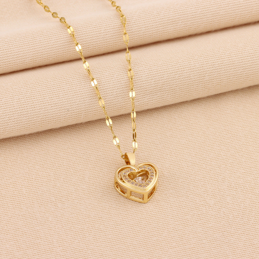 Buy Double-layer Love Necklace With Rhinestones Titanium Steel Pendant Fashion Jewelry Woman Valentines Day Gift online at DLC Market