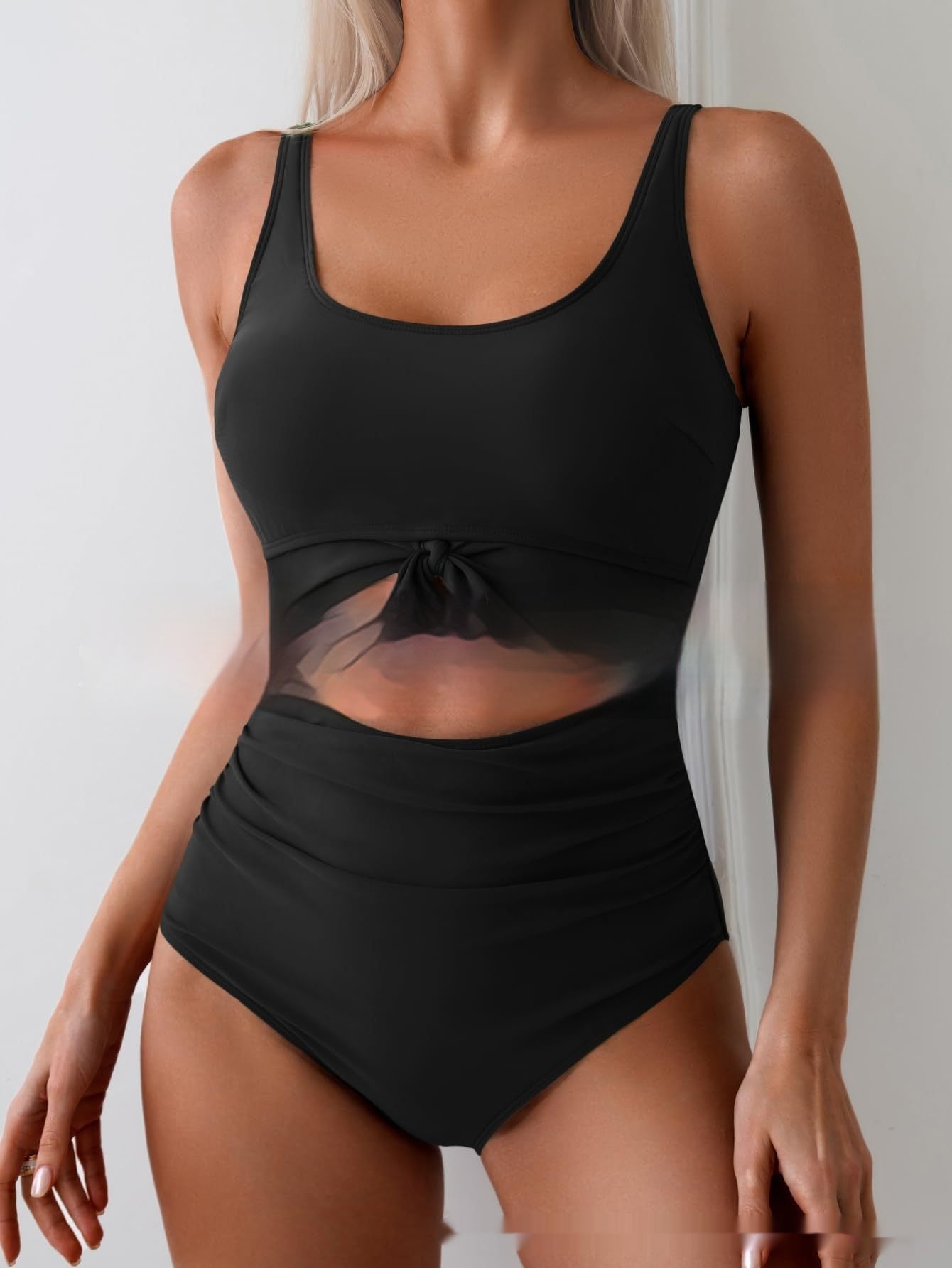 One-piece Female Stitching Contrast Color Strap Covered Belly Swimsuit by null