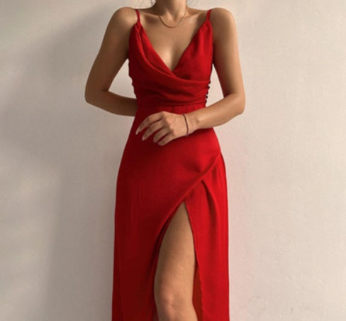 Buy V-neck Slit Sling Dress Summer Fashion Sexy Slim Suspender Dresses For Women Clothing online at DLC Market