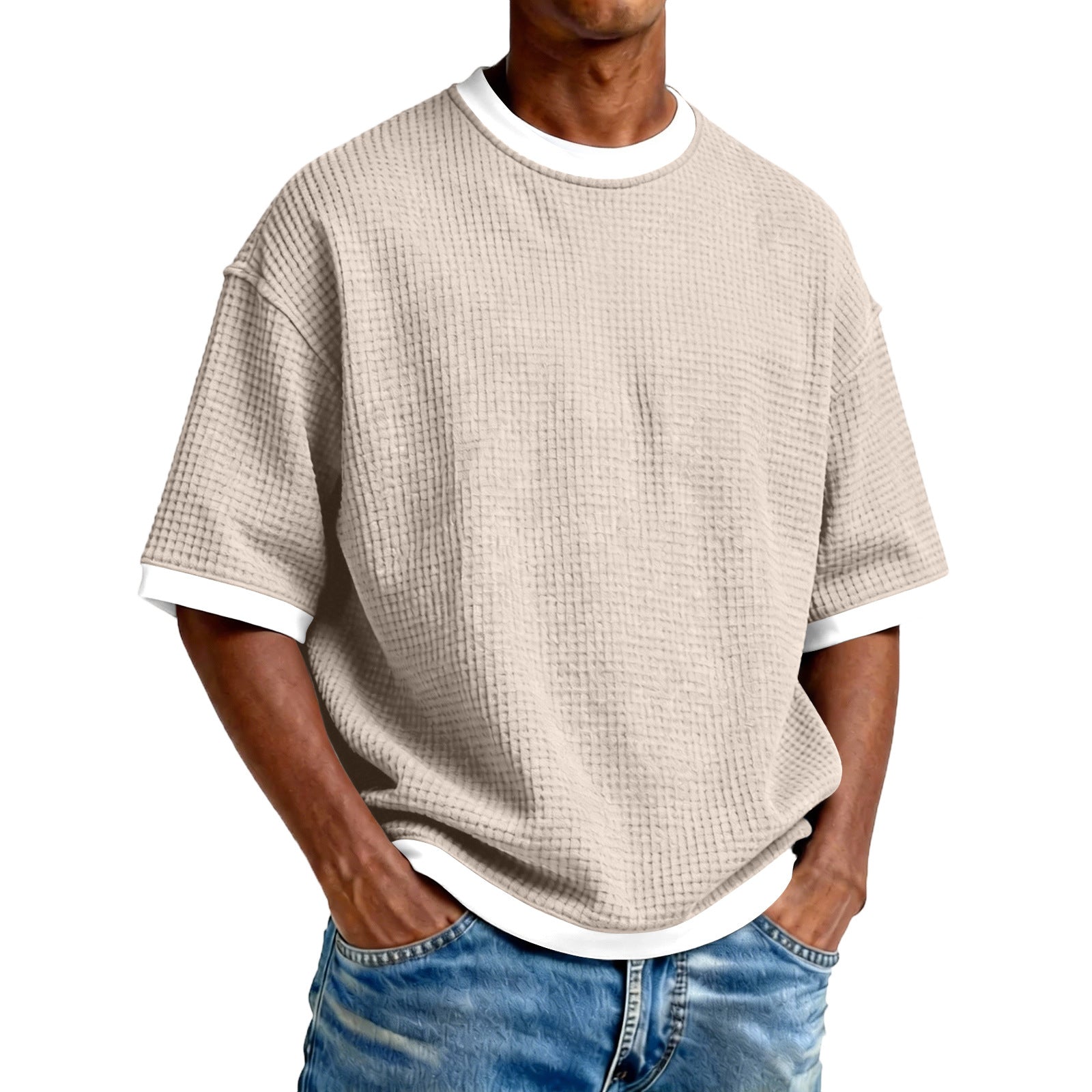 Men's Crew Neck Contrast Color Casual T-Shirt - Cotton Blend Lightweight Short Sleeve Top For Daily Wear by null