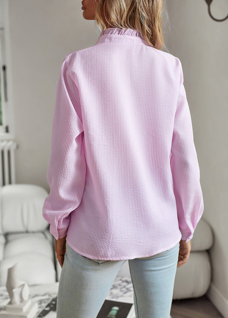Striped Long Sleeve Shirt Fashion Ruffle Design Button Up Tops Casual Office Blouse Elegant Commuting Women's Clothing by null
