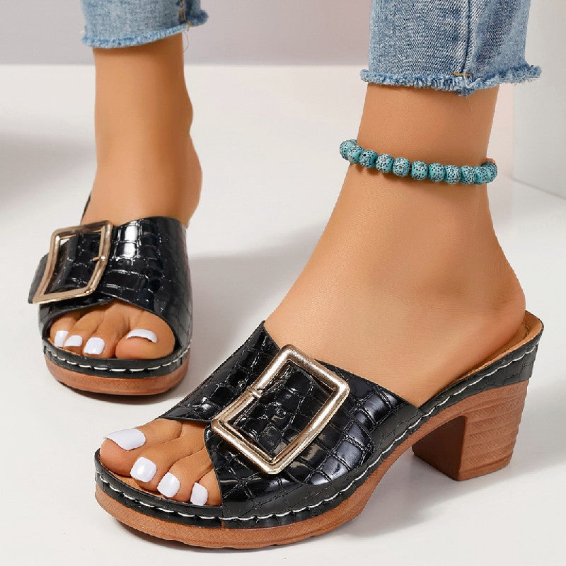 Womens crocodile texture buckle peep-toe chunky heel sandals | DLC Market