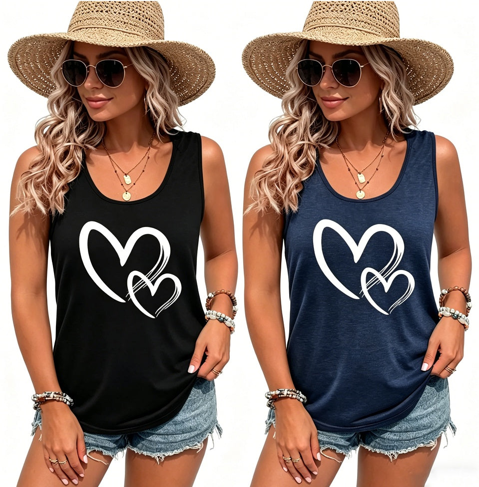 Buy Hearts Print Crew Neck Tank Top, Casual Sleeveless Tank Top For Summer, Women's Clothing online at DLC Market