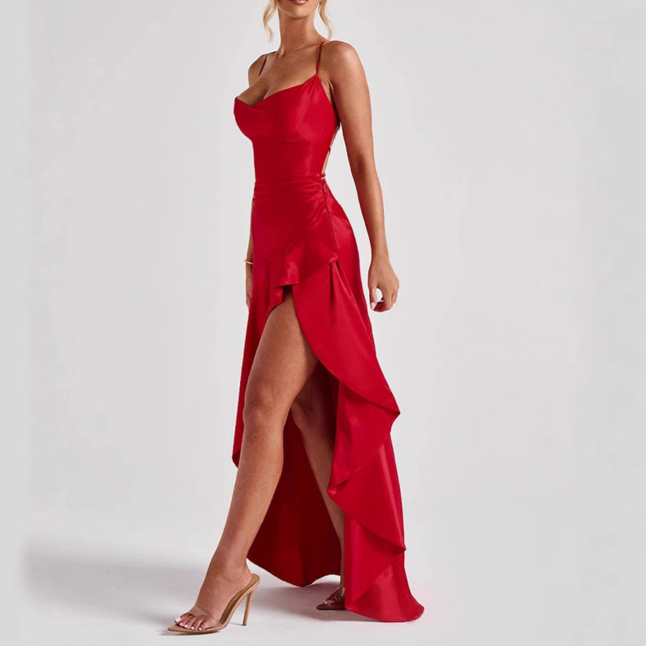 Women's Backless Ruffles Irregular Dress Summer Fashion Evening Party Club Split Suspender Maxi Dresses Clothing by null