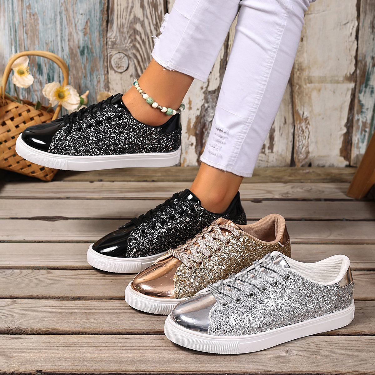 Buy Plus Size Sequined Front Lace-up Solid Color Plus Size Board Shoes online at DLC Market