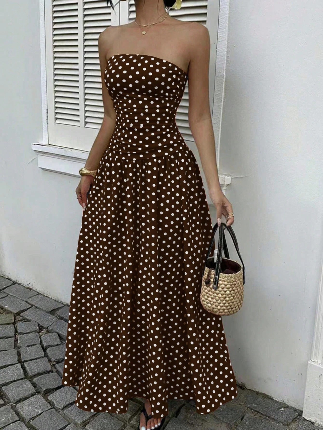 Elegant Polka-dot Off-shoulder Dresses Solid Color Strapless Lady High-waist Robe Commuting Party Business Beach Holiday Outfit by null