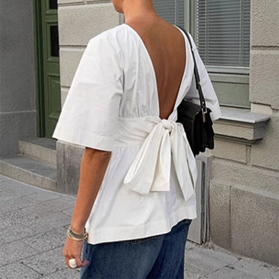 Buy Summer Backless Short Sleeve T-shirt With Back-tied Design Fashion Bat Sleeve Top For Women Clothing online at DLC Market