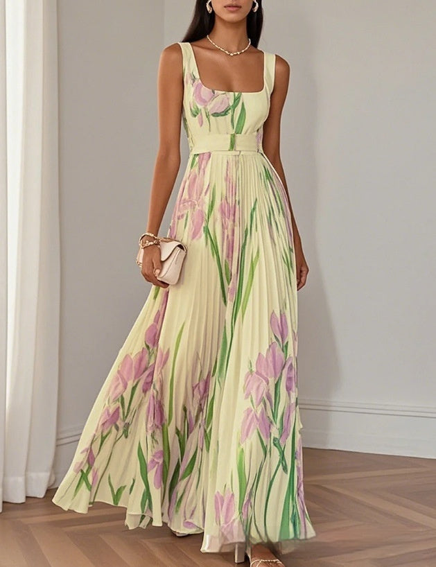 Floral Print Pleated Dress Summer A-Line Sleeveless Midi Dresses Women's Clothing by null
