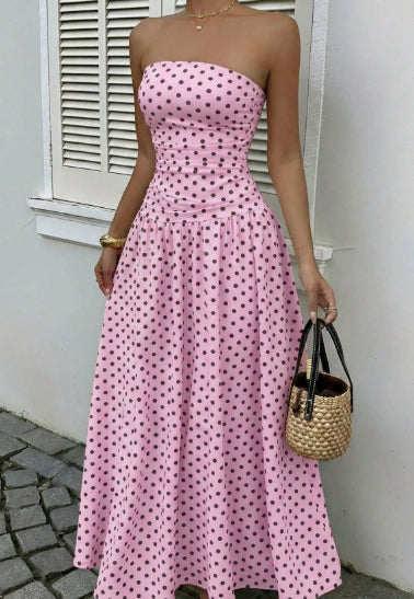 Elegant Polka-dot Off-shoulder Dresses Solid Color Strapless Lady High-waist Robe Commuting Party Business Beach Holiday Outfit by null