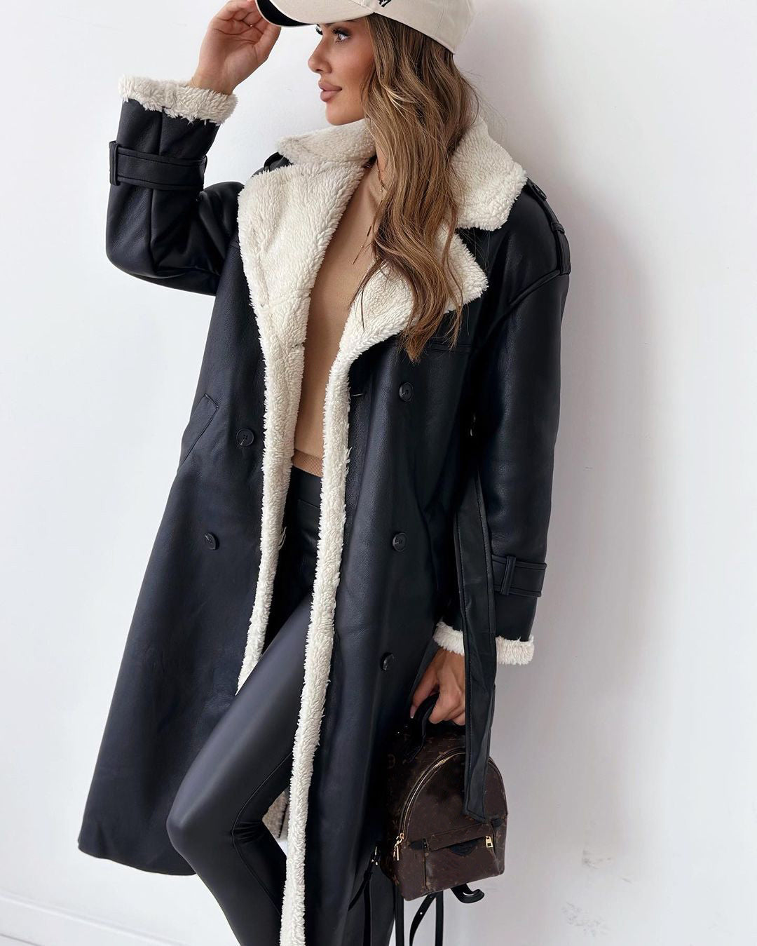 Winter Belted Double Breasted Lapel Trench Coat For Women Mid Length Windbreaker Overcoat Polyester by null