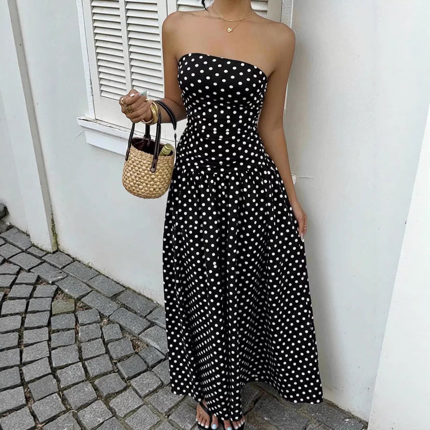 Elegant Polka-dot Off-shoulder Dresses Solid Color Strapless Lady High-waist Robe Commuting Party Business Beach Holiday Outfit by null