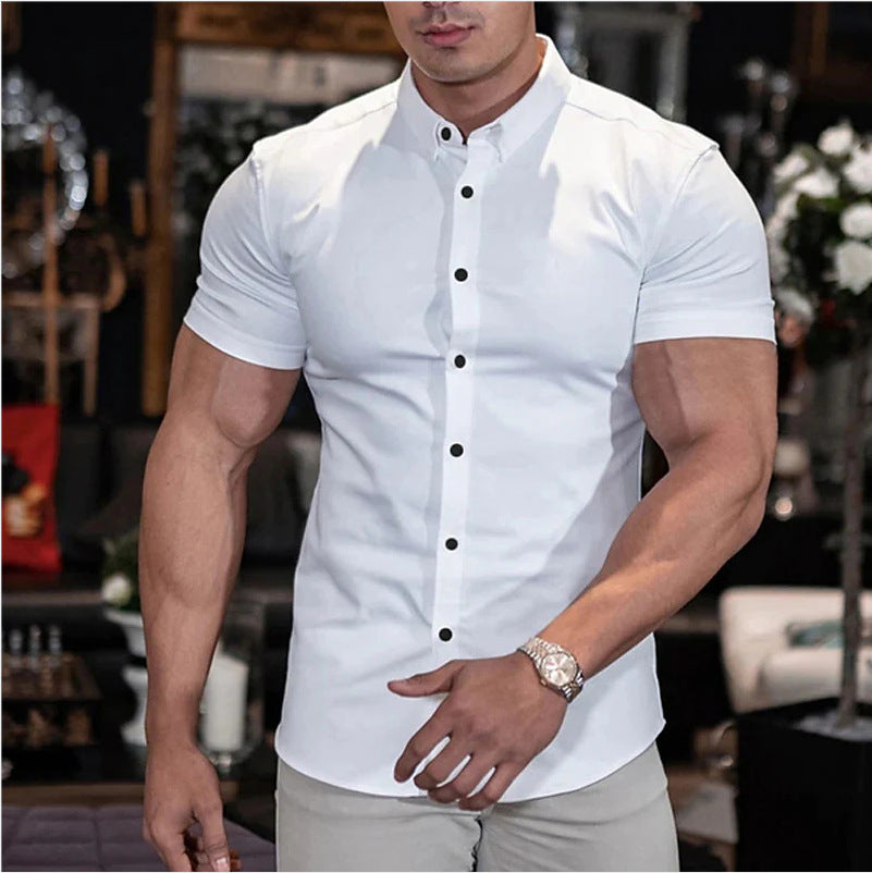 Slim Fit Short Sleeve Shirt Summer Men's Solid Color Casual Tops by null