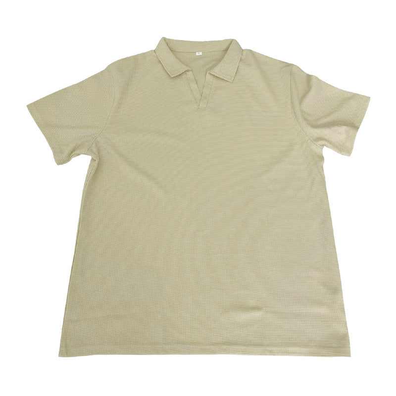 INS Waffle Lapel Short-sleeved T-shirt Summer Fashion Solid Color V-neck Polo Shirt Tops Men's Clothing by null