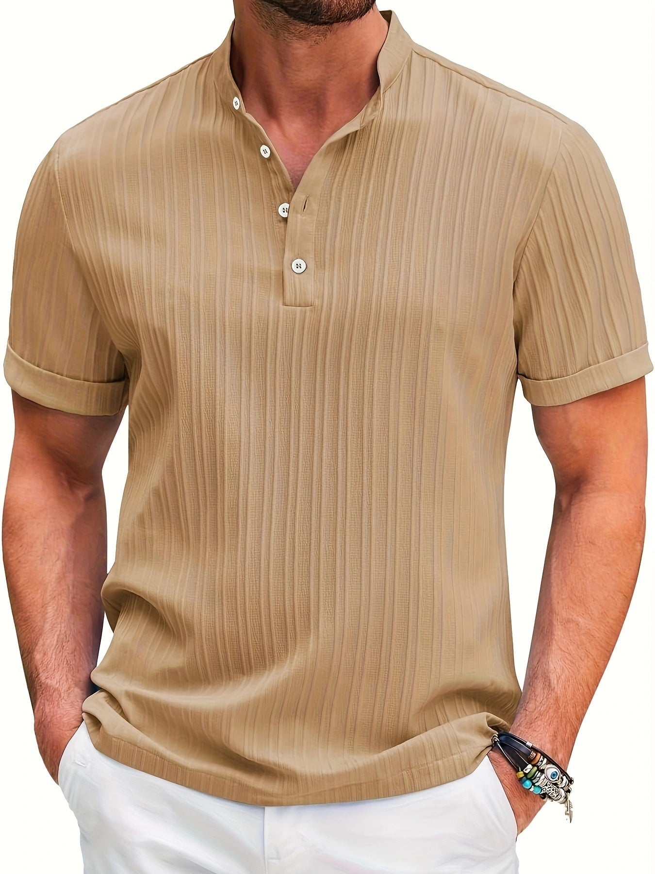 Summer Stand Collar Buttons Short Sleeve T-shirt Solid Color Stripe POLO Shirt Fashion Casual Beach Clothing For Men by null
