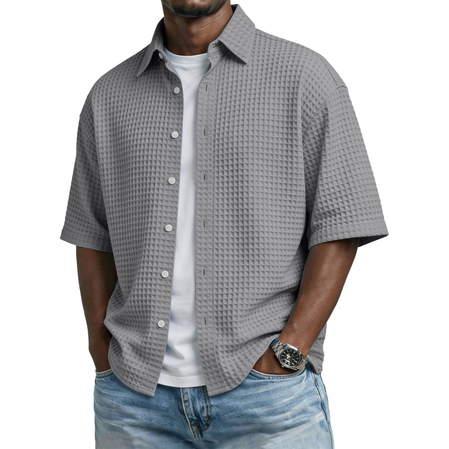 Men's Solid-Colored Waffle-Weave T-Shirt With Lapel Collar by null